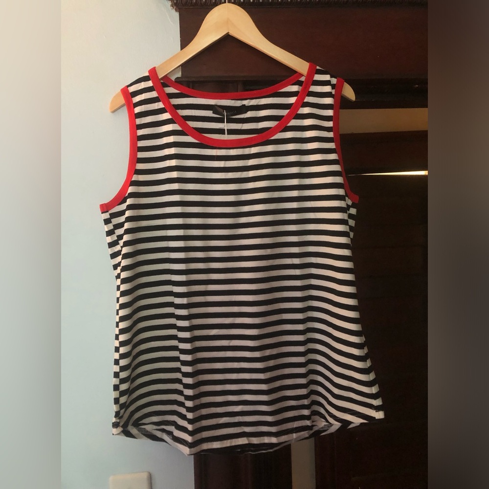 Striped Sleeveless Tank Top with Red Trim